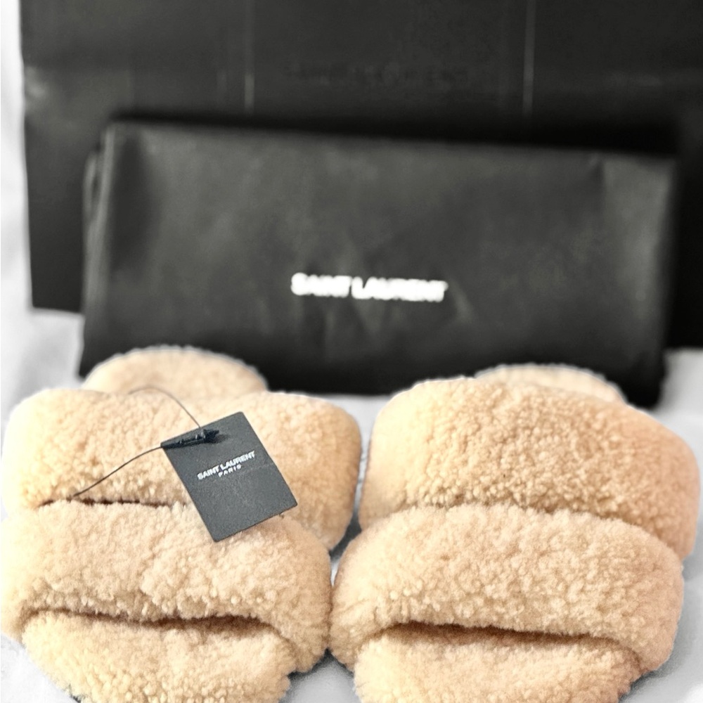 Saint Laurent Cream Shearling Sandals NIB sz 9 - Picture 6 of 6